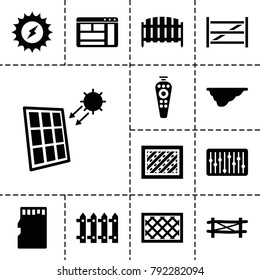 Panel icons. set of 13 editable filled panel icons such as fence, solar energy, remote control, slider, memory card, solar panel