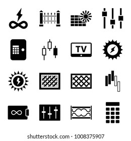 Panel icons. set of 16 editable filled panel icons such as tv, fence, solar energy, endless battery, sliders, intercom, sun battery, atm