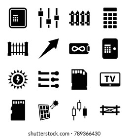 Panel icons. set of 16 editable filled panel icons such as fence, tv, atm, arrow, endless battery, slider, memory card, intercom, sun battery