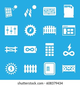 Panel icons set. set of 16 panel filled icons such as fence, atm, sliders, slider, memory card, intercom, solar panel, sun battery, solar energy, endless battery