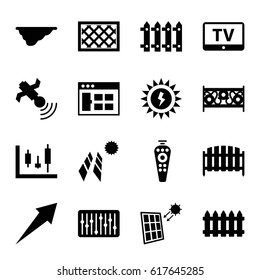 Panel icons set. set of 16 panel filled icons such as TV, fence, remote control, satellite, slider, sun battery, arrow