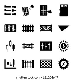 Panel icons set. set of 16 panel filled icons such as fence, sliders, slider, memory card, sun battery