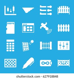 Panel icons set. set of 16 panel filled icons such as fence, satellite, sliders, memory card, intercom, pen, endless battery, browser window