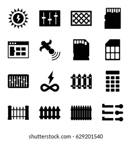 Panel icons set. set of 16 panel filled icons such as fence, satellite, sliders, slider, memory card, intercom, sun battery, endless battery