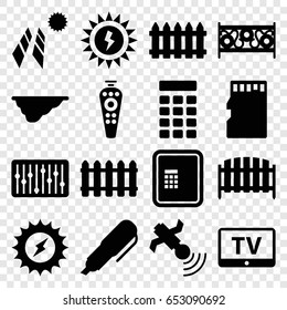 Panel icons set. set of 16 panel filled icons such as tv, atm, fence, remote control, satellite, slider, memory card, intercom, pen, sun battery, solar panel