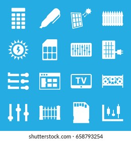 Panel icons set. set of 16 panel filled icons such as tv, fence, slider, memory card, intercom, pen, sun battery, browser window