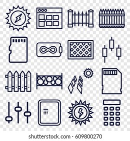 Panel icons set. set of 16 panel outline icons such as atm, fence, memory card, intercom, sun battery, browser window, adjust, solar energy