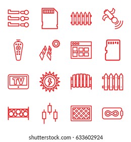 Panel icons set. set of 16 panel outline icons such as tv, fence, remote control, satellite, memory card, sun battery, browser window, endless battery