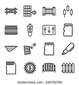 Panel icons set. set of 16 panel outline icons such as fence, remote control, sliders, memory card, pen