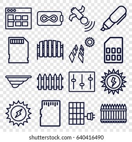 Panel icons set. set of 16 panel outline icons such as fence, satellite, sliders, memory card, pen, solar panel, sun battery, browser window, solar energy