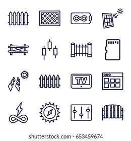 Panel icons set. set of 16 panel outline icons such as tv, fence, sliders, memory card, browser window, solar energy