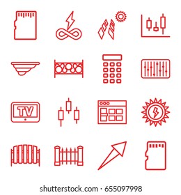 Panel icons set. set of 16 panel outline icons such as tv, fence, slider, memory card, intercom, sun battery, browser window, arrow