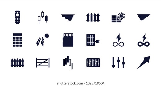 Panel icons. set of 18 editable filled panel icons: fence, adjust, arrow, endless battery, slider, intercom, memory card