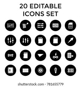 Panel icons. set of 20 editable filled panel icons such as fence, atm, adjust, arrow, endless battery, remote control, slider. best quality panel elements in trendy style.