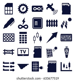 Panel icons set. set of 25 panel filled icons such as fence, tv, atm, remote control, satellite, slider, memory card, intercom, pen, solar energy, arrow