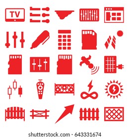 Panel icons set. set of 25 panel filled icons such as fence, tv, remote control, satellite, sliders, slider, memory card, intercom, pen, sun battery, arrow, endless battery
