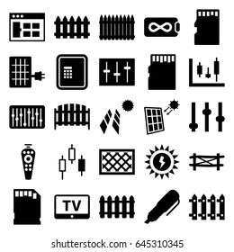 Panel icons set. set of 25 panel filled icons such as fence, tv, atm, remote control, sliders, slider, memory card, pen, sun battery, endless battery, browser window