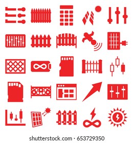 Panel icons set. set of 25 panel filled icons such as fence, satellite, sliders, slider, memory card, intercom, sun battery, arrow, endless battery, browser window