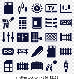 Panel icons set. set of 25 panel filled icons such as fence, tv, atm, remote control, sliders, memory card, intercom, pen, sun battery, endless battery, adjust