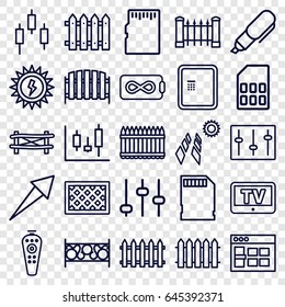 Panel icons set. set of 25 panel outline icons such as tv, atm, fence, remote control, sliders, memory card, pen, sun battery, browser window, adjust, arrow