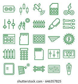 Panel icons set. set of 25 panel outline icons such as tv, atm, fence, remote control, satellite, sliders, slider, memory card, intercom, pen, sun battery, browser window