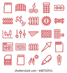 Panel icons set. set of 25 panel outline icons such as fence, remote control, satellite, slider, memory card, intercom, pen, sun battery, browser window, adjust, arrow
