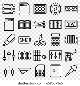 Panel icons set. set of 25 panel outline icons such as tv, atm, fence, sliders, slider, memory card, intercom, pen, adjust, solar energy, arrow