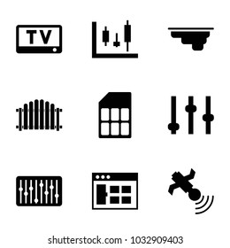Panel icons. set of 9 editable filled panel icons such as browser window, adjust, panel control, satellite, slider, memory card, tv
