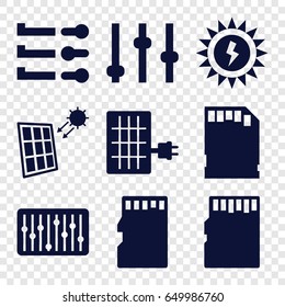 Panel icons set. set of 9 panel filled icons such as slider, memory card, solar panel, sun battery