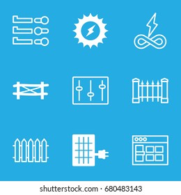 Panel icons set. set of 9 panel filled and outline icons such as fence, solar panel, solar energy, sliders, browser window, endless battery