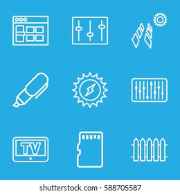 panel icons set. Set of 9 panel outline icons such as TV, sliders, slider, memory card, fence, pen, browser window, solar panel