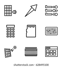 Panel icons set. set of 9 panel outline icons such as slider, intercom, solar panel, memory card, fence, browser window