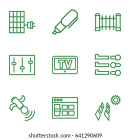 Panel icons set. set of 9 panel outline icons such as tv, fence, satellite, sliders, pen, solar panel, browser window
