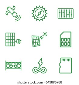 Panel icons set. set of 9 panel outline icons such as fence, satellite, slider, solar panel, memory card, solar energy