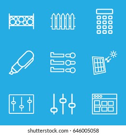 Panel icons set. set of 9 panel outline icons such as fence, sliders, intercom, solar panel, pen, browser window, adjust