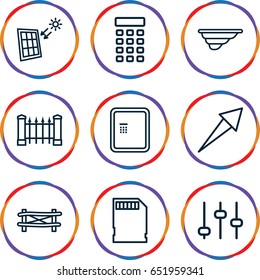 Panel icons set. set of 9 panel outline icons such as atm, fence, memory card, intercom, solar panel, adjust