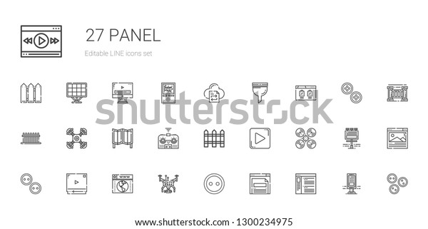 panel icons\
set. Collection of panel with browser, button, drone, video player,\
buttons, play button, fence, remote control, room divider, filter.\
Editable and scalable panel\
icons.