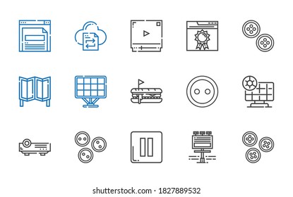 panel icons set. Collection of panel with buttons, billboard, pause, projector, solar panel, button, hot dog, room divider, browser, video player. Editable and scalable icons.