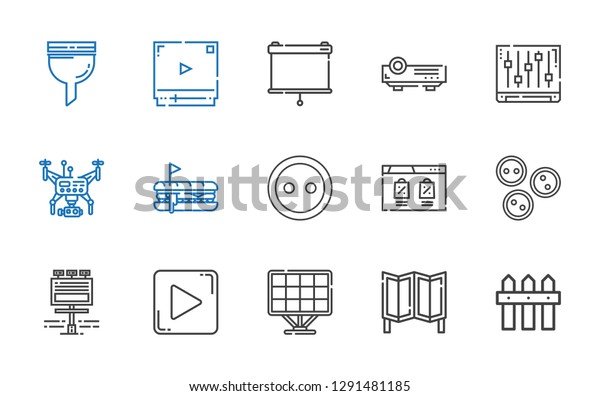 panel icons set.\
Collection of panel with fence, room divider, solar panel, play\
button, billboard, buttons, browser, button, hot dog, drone.\
Editable and scalable\
icons.