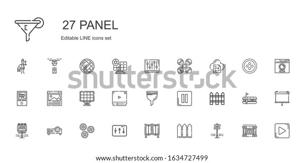 panel
icons set. Collection of panel with panels, fence, room divider,
levels, buttons, projector, billboard, pause, filter, video player,
solar panel. Editable and scalable panel
icons.