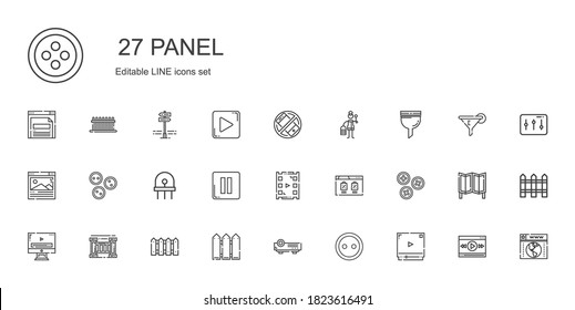 panel icons set. Collection of panel with video player, button, projector, fence, buttons, browser, pause, diode, filter, wooden, silent, room divider. Editable and scalable panel icons.