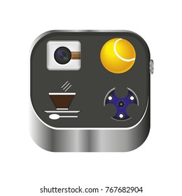 The panel with the icons of the spinner's camera and coffee is depicted. Maybe hours. The background is white.