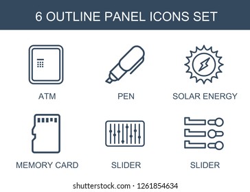 panel icons. Trendy 6 panel icons. Contain icons such as atm, pen, solar energy, memory card, slider. panel icon for web and mobile.