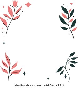 Panel illustration with corner borders of flowers and leaves, hand-drawn aesthetic of flowers, branches