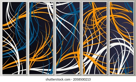 Panel in the impressionist style. Blue, orange, white chaotic brush strokes on a black background. Five images in thin white frames. Modern design for cover, interior decor and other users.Vector.