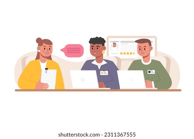 Panel interview for employment. Two recruiters are talking to job candidate. Employers read applicant resume. Survey in personnel department. Color vector illustration in flat style