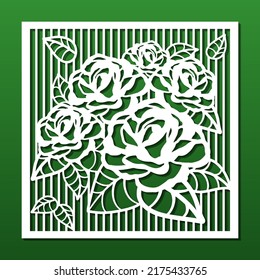 Panel laser cut teplate, stencil for cnc cutting Floral pattern, rose bush and leaves, art deco. Wall art, fence panel, home decor, privacy screen, paper craft, card background. Vector illustration