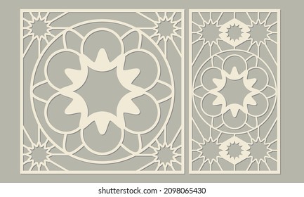 Panel for laser cutting. Abstract geometric pattern of a complex circular zigzag shape. Template for cutting plywood, wood, paper, cardboard and metal.