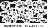 Panel on the ethnic theme. A series of petroglyphs, rock paintings. Vector design.