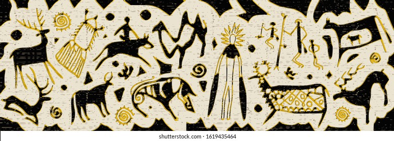 Panel on the ethnic theme. A series of petroglyphs, rock paintings of Central Asia, vector design. 